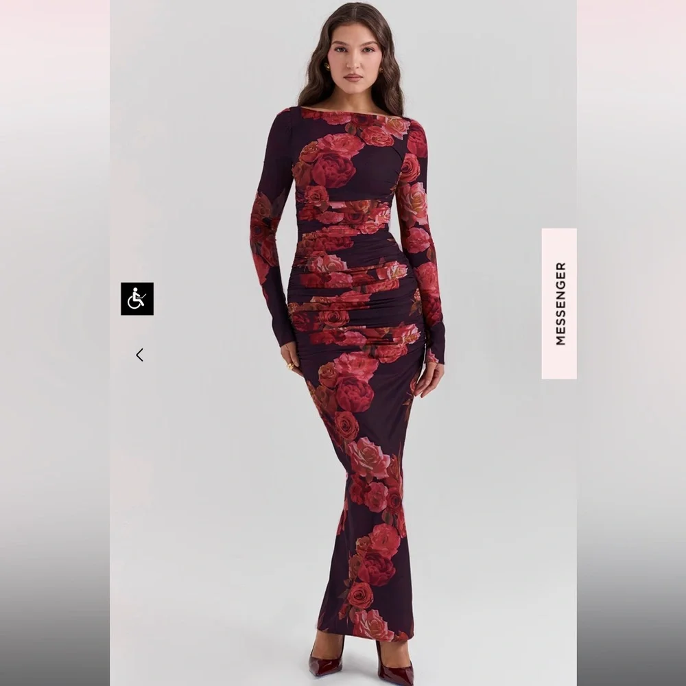 House of CB Lanetta Ruched Long Sleeve Maxi Dress Romantic Floral - Picture 4 of 9